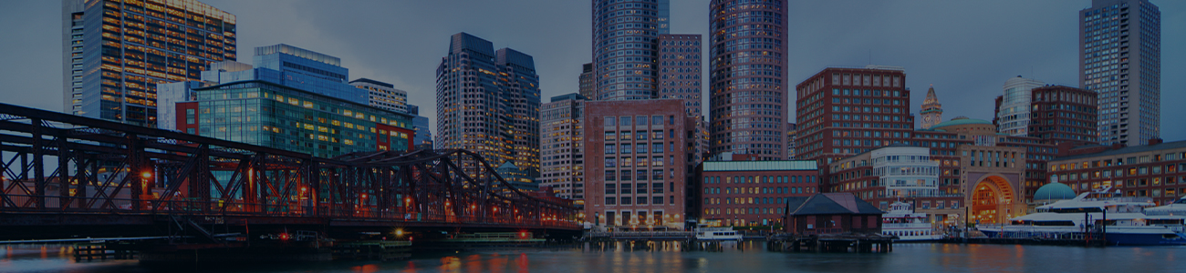 Twilight cityscape with high-rise buildings and a steel bridge.